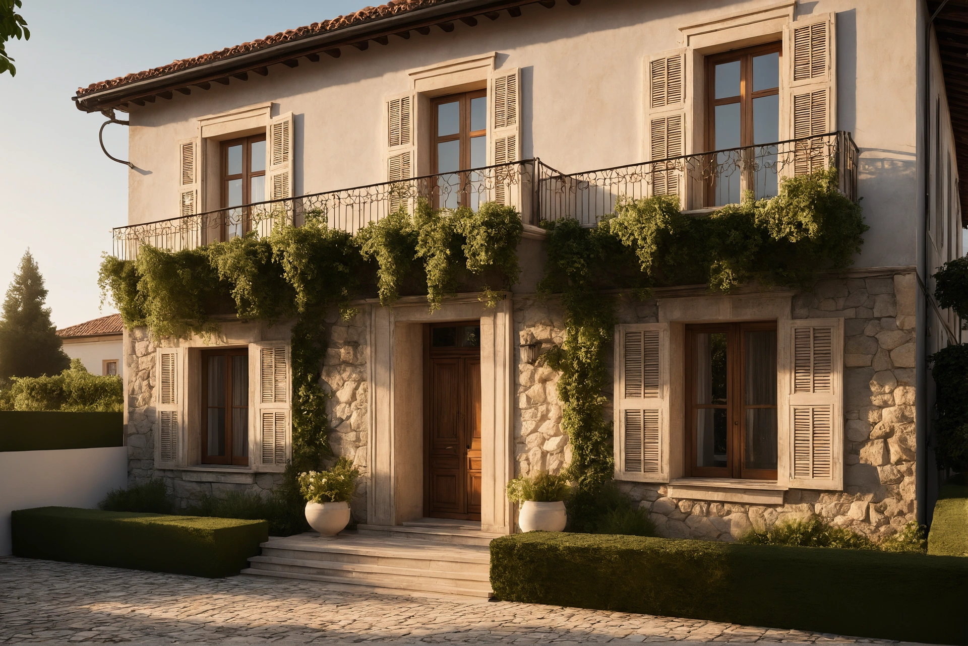 Villa facade that has aged gracefully with mellowed stone and clean render