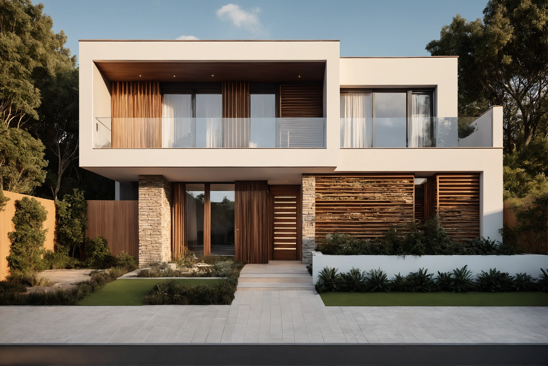 Modern house facade combining natural stone, warm render and timber slats