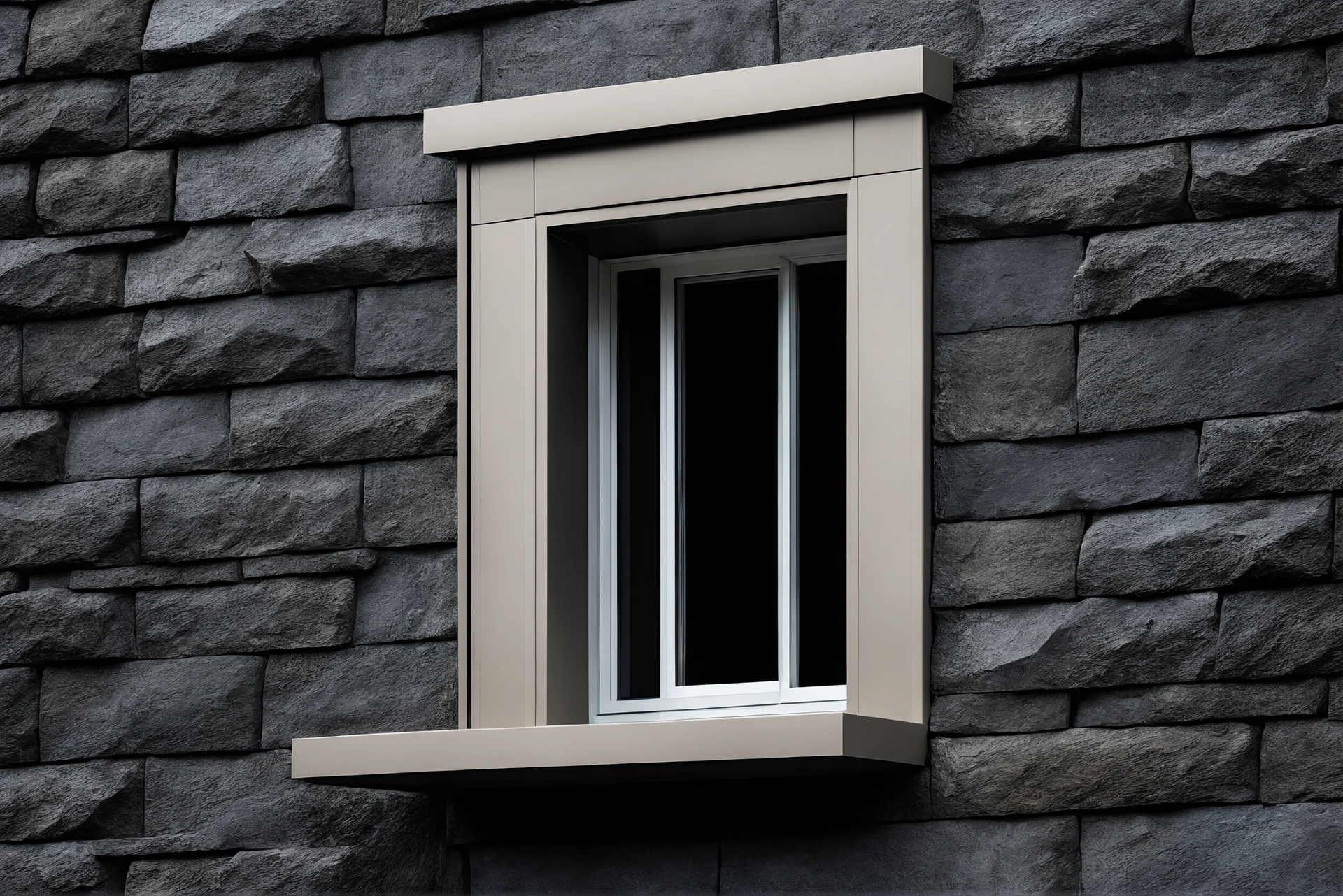 Stone cladding meeting a dark window frame with sealant joint and flashing