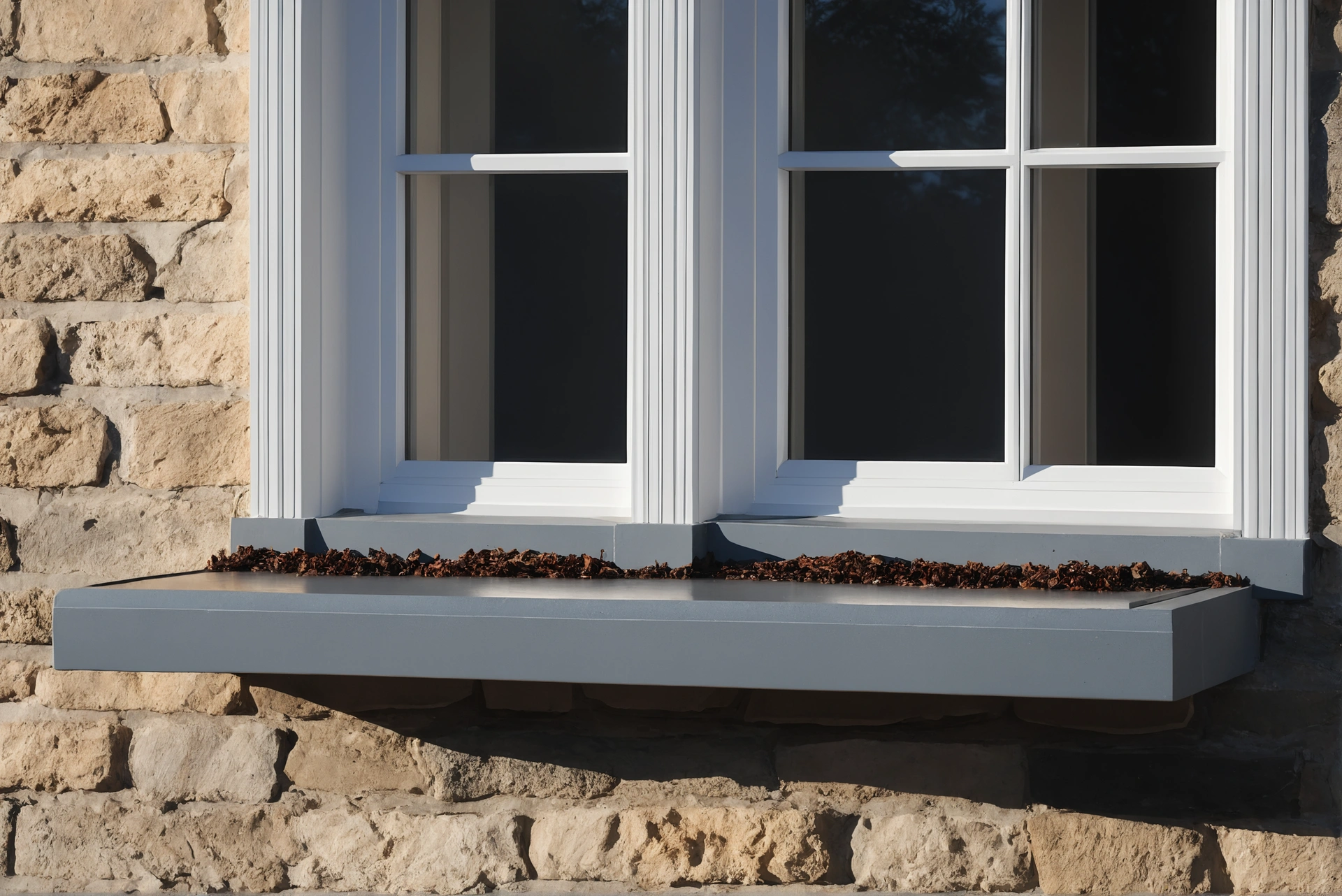 Rendered wall around a window with a drip edge above and stone sill