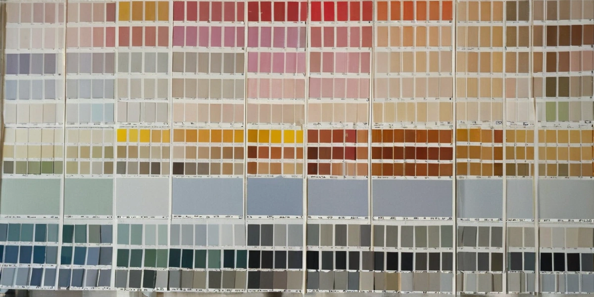Five vertical colour bands, warm white through sage grey, oak brown, burnt orange and near black, above three wider bands of cream, green and walnut