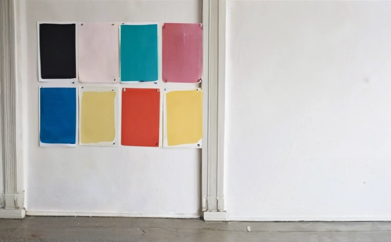 Fifteen paint and material colours laid out as a five by three grid of hard edged squares, from near whites through green greys to dark timber and basalt